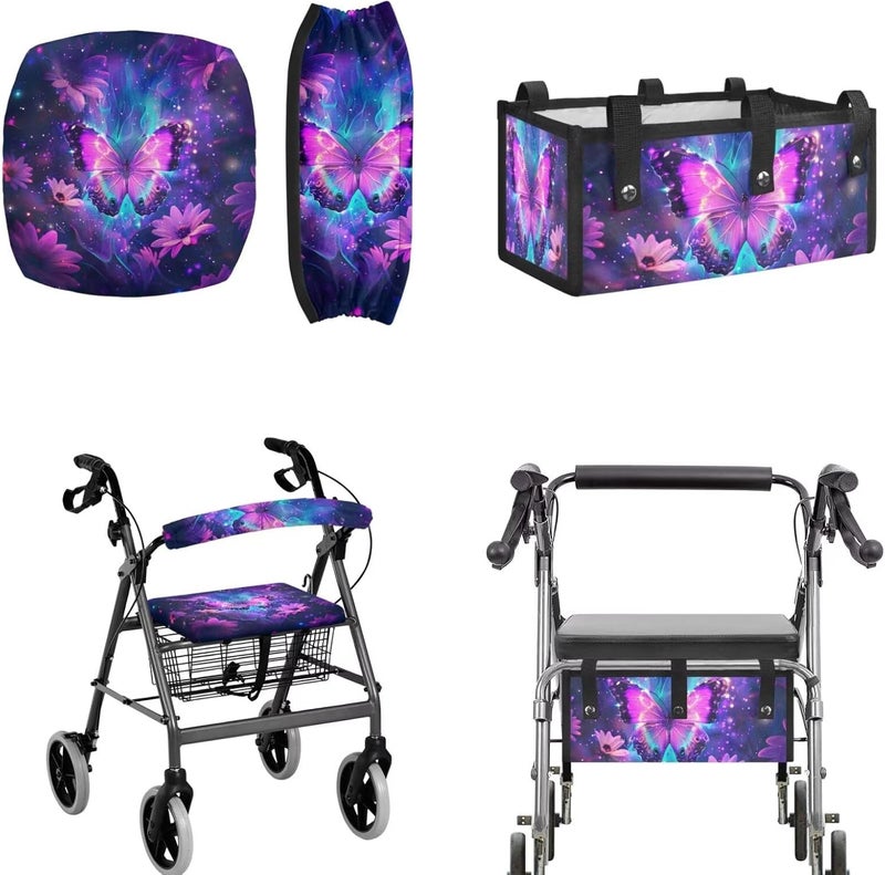 LedBack Wheelchair Bag for Seniors Rollator Walker Rollator Covers Purple Butterfly Flower Walker Seat and Backrest Covers, Easy to Install - Image 1